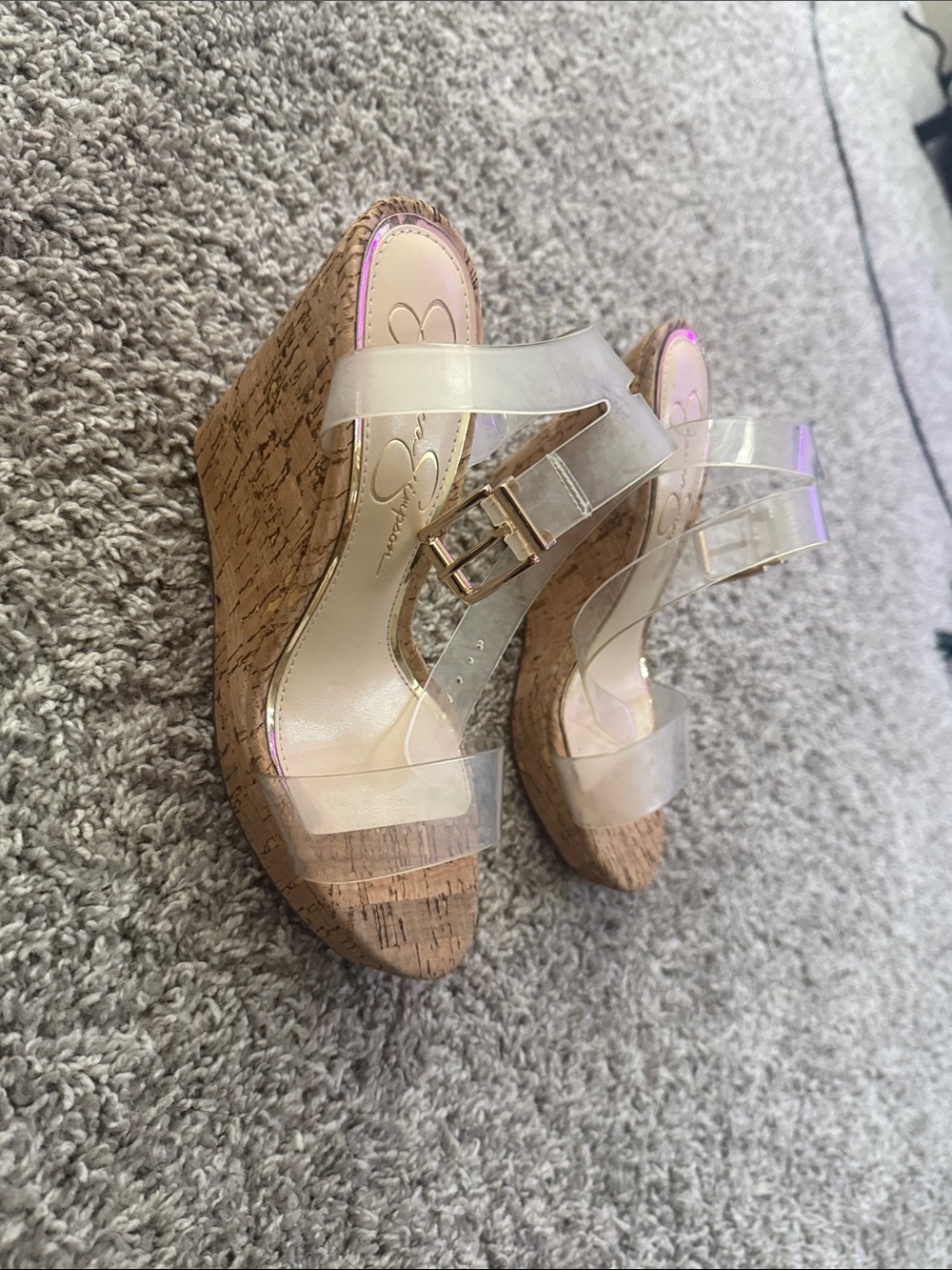 Jessica Simpson Clear PVC Strap Cork Wedge Sandals - Clear & Natural
